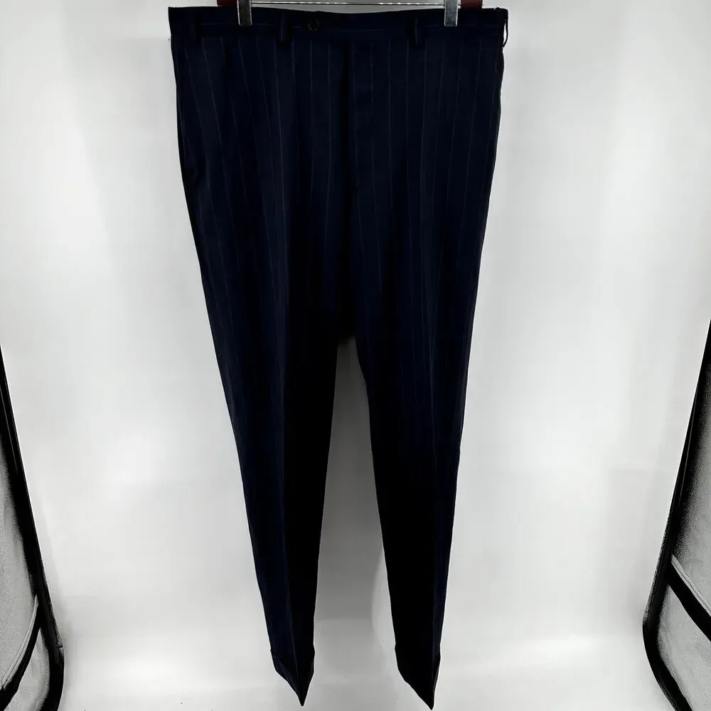 Canali Fine Pinstripe Suit Set Pure Wool Notch Lapel Dress Pants Navy Blue 54R